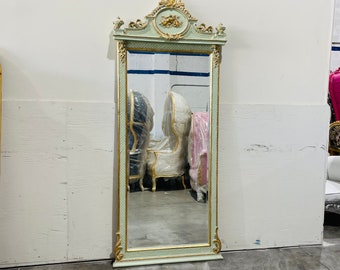 French Mirror Lite Mint Green Gold Leaf Vintage Mirror French Furniture 80"H x 34"W Mirror Rococo Baroque Furniture Gold Vintage Mirror