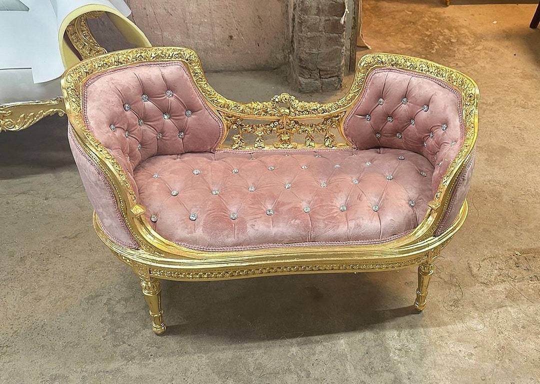 French Rococo Style Light Pink Velvet Bench Furniture Antique Vintage ...