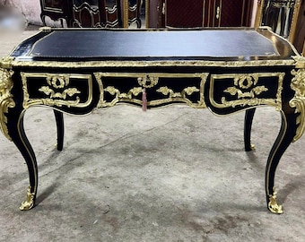 French Rococo Style Black Desk Table with Gold Details