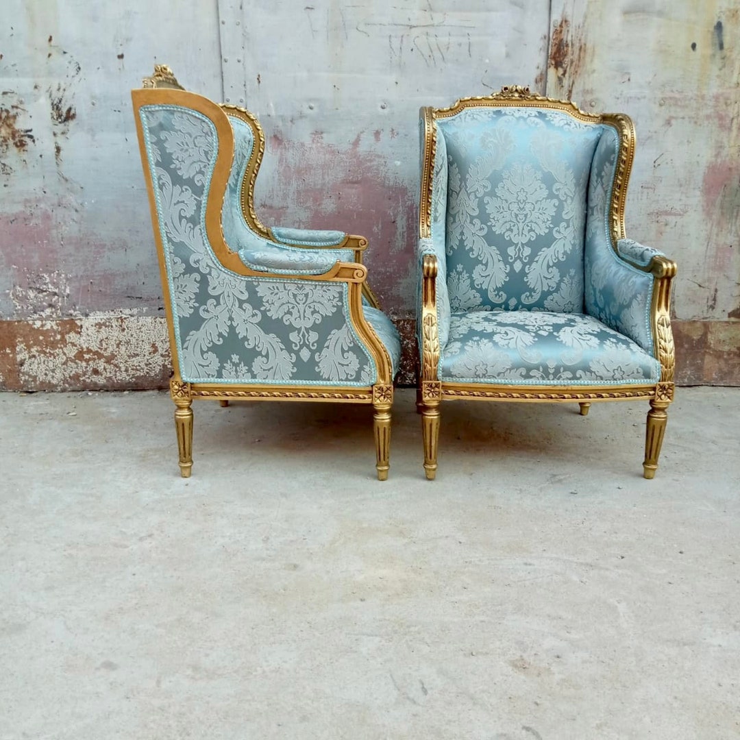 Blue Damask French Chairs with Oval Mirror and Brass Coffee Table - French  - Living Room