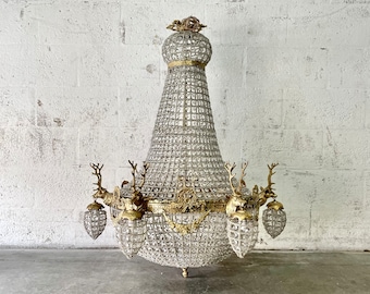 X-Large Deer Stag Chandelier *2 in Stock* ”40”H x 32”W French Stag Deer Head JUMBO Basket Brass Empire Bowl Interior Design