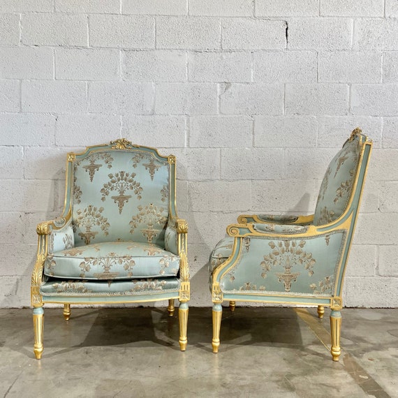 French louis xv green damask living room set