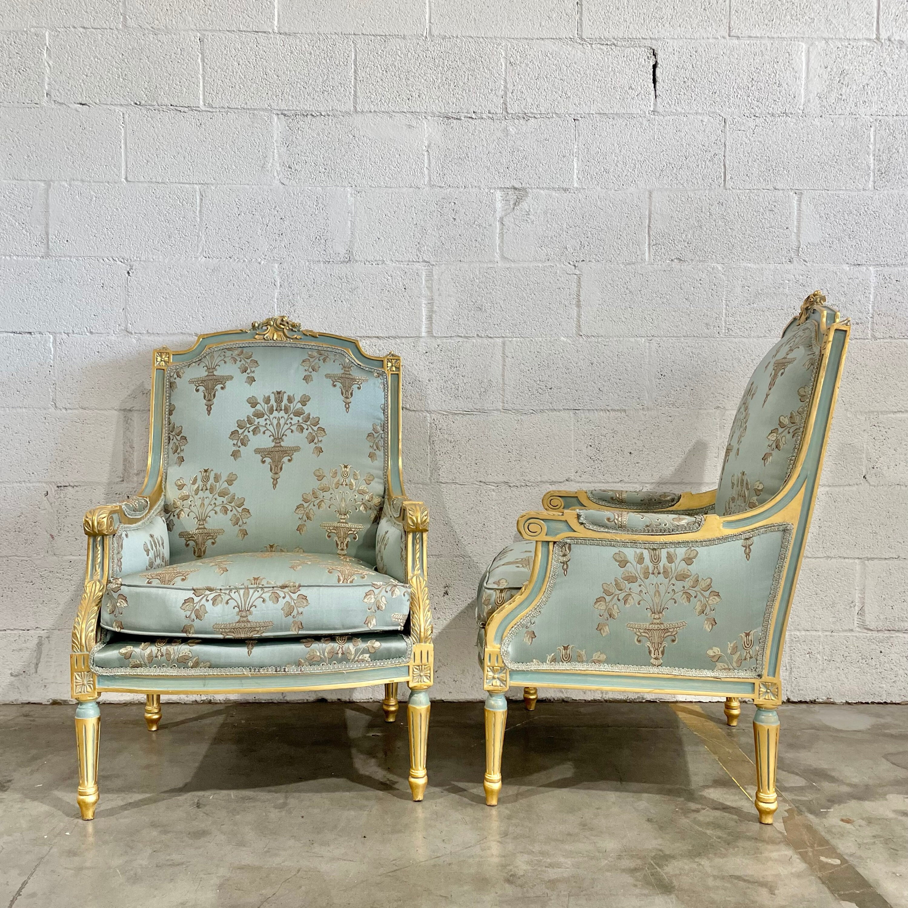 French Chair Light Blue Green Vintage Chair New Upholstery Damask Fabric  Furniture Baroque Rococo Interior Design Vintage Furniture