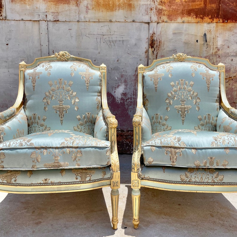 French Chair Light Blue Vintage Chair New Upholstery Damask Fabric Furniture Baroque Rococo Interior Design Vintage Furniture image 7