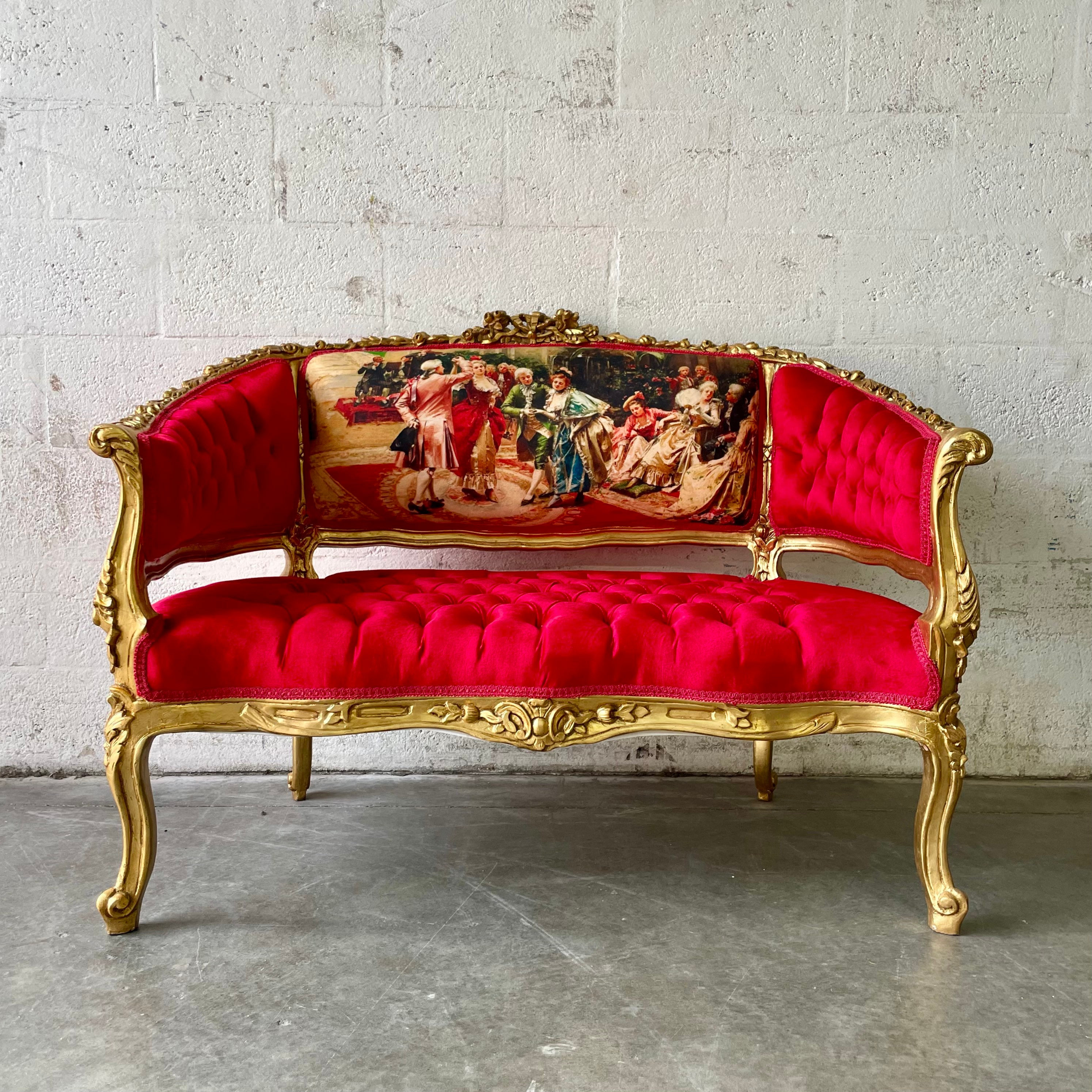 French Small Settee Bench Vintage Gold Leaf Hand Carved Wood Frame