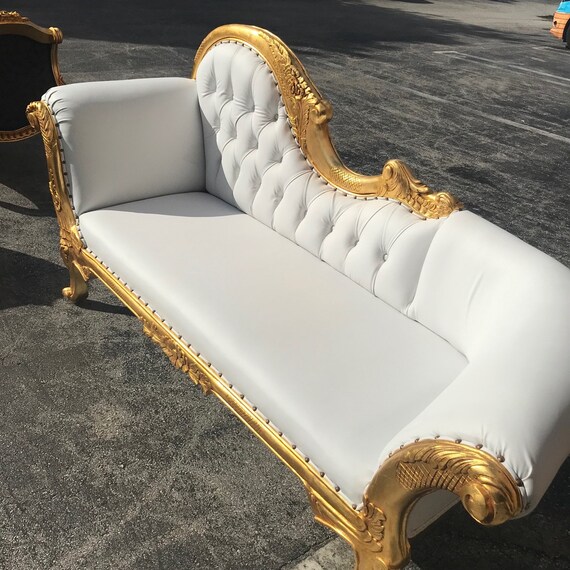 French Chaise Lounge French Furniture Gold With Tufted White Etsy