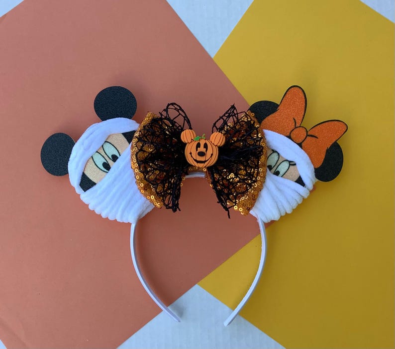 Mummy Mouse Ears Headband, Halloween Sequin Bow Mummy Pumpkin
