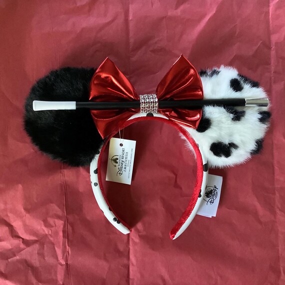 Authentic Original Disneys Cruella De Vil Mouse Ears Mickey Cruella Headband White Black Fur 101 Dalmatians Villain Ears Disney modified