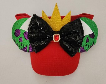 Sun Visor Hat Evil Queen Snow White Mouse Mickey Ears Headband Visor Purple Black Red Villain Adjustable Poison Apple Disney Villains