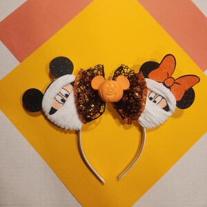 Mummy Mouse Ears Headband, Halloween Sequin Bow Round Orange Pumpkin