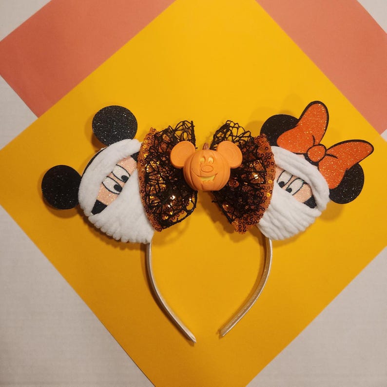 Mummy Mouse Ears Headband, Halloween Sequin Bow Round Orange Pumpkin