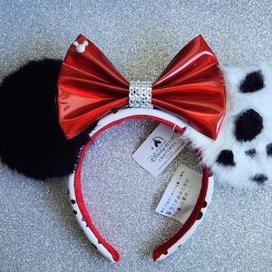 Authentic Disney Ears DELUXE Cruella De Vil Ears, Dalmatian Fur, Villain Headband Faux Leather Bow Dalmation Plain