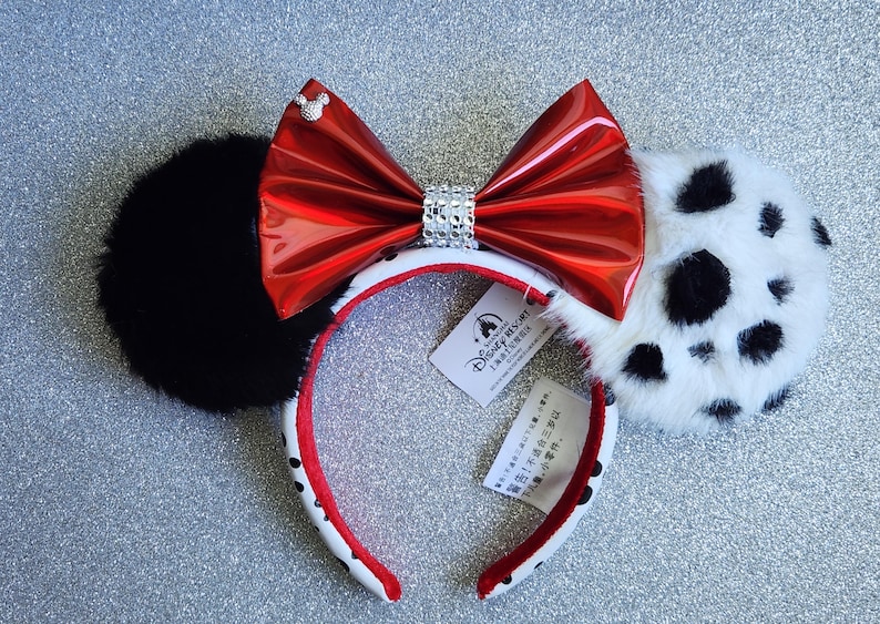 Authentic Disney Ears DELUXE Cruella De Vil Ears, Dalmatian Fur, Villain Headband Faux Leather Bow Dalmation Plain
