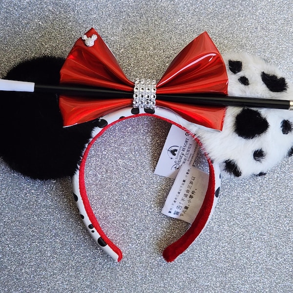 Authentic Disney Ears DELUXE Cruella De Vil Ears, Dalmatian Fur, Villain Headband Faux Leather Bow