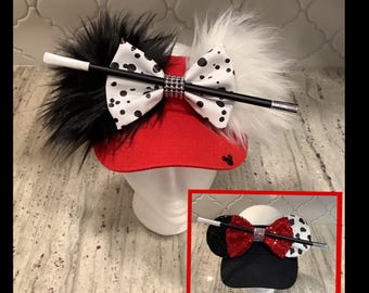 Cruella De Vil Mickey Ears Visor: Dalmatian Bow, Adjustable Fur Headband Villain