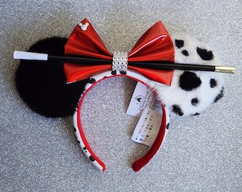Authentic Disney Ears DELUXE Cruella De Vil Ears, Dalmatian Fur, Villain Headband Faux Leather Bow