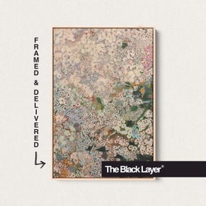 May include: A rectangular framed wall art piece featuring an abstract floral pattern in shades of soft pink, cream, green, and blue. The text "FRAMED & DELIVERED" with an arrow and the brand name "The Black Layer" are printed on the image.