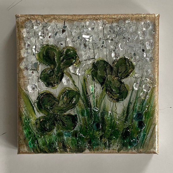 Shattered Glass Art, Field of Clover Wall Hanging, Handcrafted Gift, Original Wall Decor