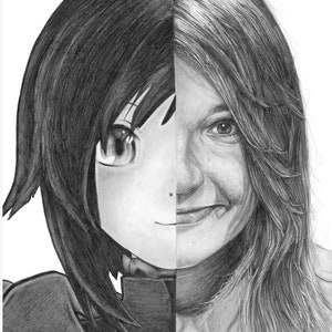 May include: A pencil drawing split vertically, depicting a manga-style anime character on the left and a realistic portrait of a person on the right. The artwork is in grayscale, with the artist's signature and year visible.