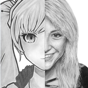 May include: A black and white pencil drawing of a woman's face. The left side of the face is drawn in an anime style, while the right side is drawn in a realistic style. The drawing is signed "ARTBYKAITLINB".