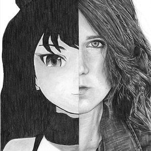 May include: A black and white pencil drawing of a woman's face split in half, with one side depicting a cartoon character and the other side depicting a realistic portrait. The drawing is signed "ARTBYKAITLINB".