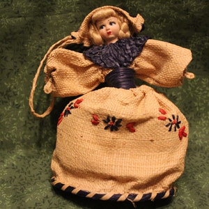 Mid-Century Raffia Puppentasche mit Reißverschlusstasche