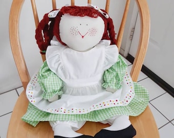 Large Handmade Rag Doll, Red Hair Doll with Freckles, White and Green Gingham, Little Girls Gift, Cloth Doll, Redhead Fabric Doll