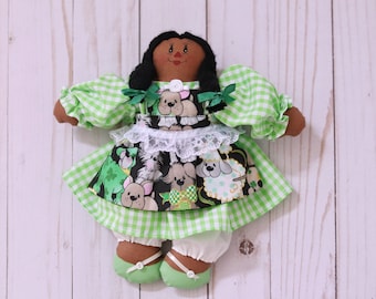 Handmade Rag Doll, 9 1/2" Fabric Doll, Small Black Cloth Doll in Green and White Gingham Checks, St Patrick's Day