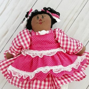 Small Rag Doll, Handmade Cloth Doll with Beauty Mark, 9 1/2&quot; Ethnic Fabric Doll, Hot Pink & White Gingham Checks, African American Doll