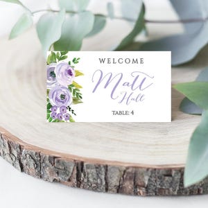 Lavender Floral Watercolor Wedding Place Card Flat and Tented, Hadley Designs, Place Cards Wedding Reception, Wedding Place Card Calligraphy