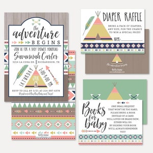 May include: A baby shower invitation with a pink, blue, and green tribal pattern. The invitation says "The adventure begins" and includes the date and time of the shower. There is also a diaper raffle card and a book request card.