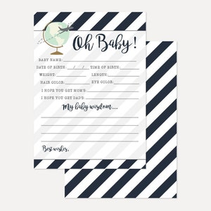 Azul marinho listras angulares globo viagem Oh cartão de previsão de chá de bebê, lembrança de chá de bebê para impressão, previsão de download instantâneo, designs Hadley
