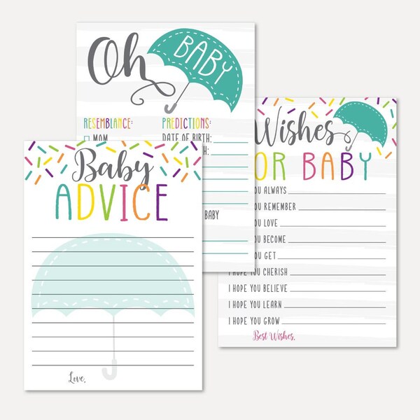 Sprinkle Baby Shower Predictions, Advice, and Wishes Set Templates - Keepsake Bundle, Advice Card, Oh Baby, Well Wishes for Baby