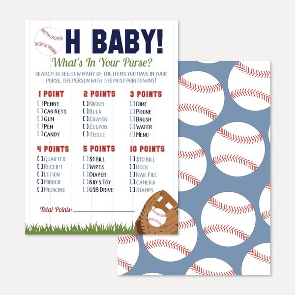 Baseball Red Blue Baby Shower What's In Your Purse Baby Shower Game, Whats In Your Purse Game, Baby Shower Whats in Printable