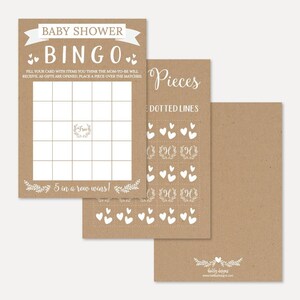 Modello di gioco di bingo per baby shower floreale bianco e kraft - Bingo per baby shower, asilo nido per bambini, Bingo per baby shower, gioco per baby shower