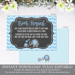 Blauwe Chevron en krijt olifant boek aanvraag downloaden, boek aanvraag babyshower, boek aanvraag kaart voor douche, aanvraag invoegen, afdrukbaar