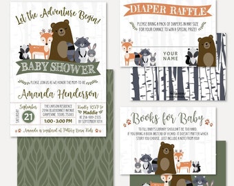 Woodland Baby Shower Invitation Suite Template - Shower Invitation Package, Bundle, Invitation Set, Invitation, Raffle Request