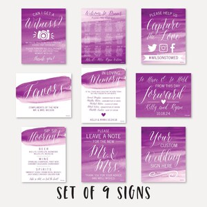 Modèles d’ensemble de signes de mariage à l’aquarelle violette - Plan des sièges, Menu des boissons, Bienvenue, Livre d’or, Dans la mémoire aimante, Débranché, Faveurs, Hashtag