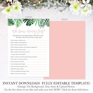 Tropical Baby Shower Pink Quién conoce a mamá mejor vegetación, Quién conoce a mamá mejor tarjeta, Quién conoce a mamá mejor juego de baby shower, Descarga instantánea