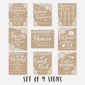 Ensemble de signes de mariage rustique en dentelle Kraft - Tableau des sièges, Menu des boissons, Bienvenue, Livre d'or, In Loving Memory, Unplugged, Favors, Hashtag, Custom