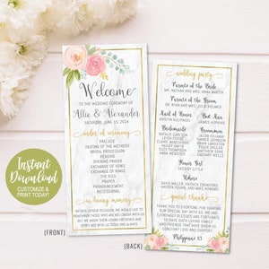 Peut inclure: Programme de cérémonie de mariage avec un fond en marbre et des accents floraux roses. Le programme comprend l'ordre de la cérémonie, la fête de mariage et des remerciements spéciaux. Le texte "Bienvenue à la cérémonie de mariage d'Allie & Alexander" est en haut du programme.