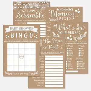 Modelli per set di giochi per baby shower con motivi floreali in carta kraft e bianca: Bingo, Parole incomprensibili, Il prezzo è giusto, Chi conosce meglio la mamma, Cosa c'è nella tua borsa