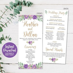 May include: Wedding ceremony program with purple floral designs. The front cover features the names Heather and Dillan and the date August 22, 2020. The back cover lists the wedding party and special thanks.