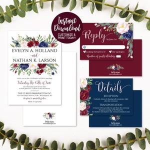 May include: Wedding invitation suite with a burgundy and navy blue floral design. The invitation features the names "Evelyn A. Holland and Nathan K. Larson" and the date "Saturday, the 15th of June, two thousand and twenty four". The RSVP card has a burgundy background with a floral design and the text "Reply by June 1st". The details card has a navy blue background with a floral design and the text "Details".