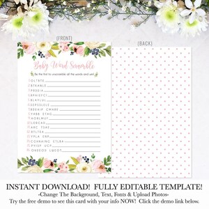 Pink Cream and Blue Girl Floral Word Scramble, Boho Baby Shower Games, Boho Printable Shower Game, Rustic Shower Game, Rustic Printable Game