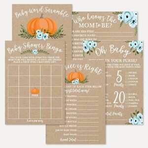 Pumpkin Boy Baby Shower Game Set Templates - Bingo, Word Scramble, The Price Is Right, Who Knows Mommy Best, Whats In Your Purse