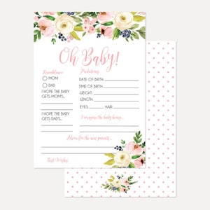 Carta di previsione di Oh Baby Shower floreale rosa crema e blu ragazza, Keepsake Baby Shower stampabile, Previsione di download istantaneo, Hadley Designs
