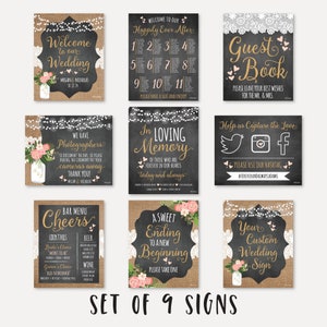 Chalk Burlap and Lace Hochzeitsschilder Set - Sitzkarte, Getränkemenü, Willkommen, Gästebuch, In liebevoller Erinnerung, Unplugged, Gastliebe, Hashtag, Custom