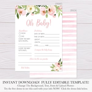 Tarjeta de predicción de baby shower imprimible, descarga de predicción de baby shower, consejos de predicción de baby shower, tarjetas de predicción imprimibles editables