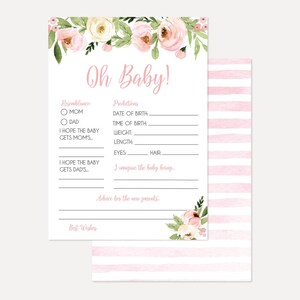 Corona floral de acuarela rosa Oh tarjeta de predicción de baby shower, recuerdo baby shower imprimible, predicción de descarga instantánea, diseños Hadley